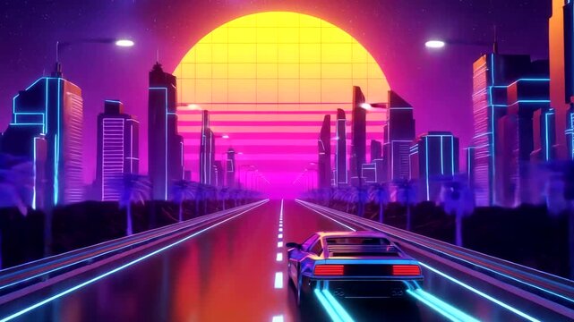 Outrun synthwave neon city drive toward giant sun, retrofuturistic cyberpunk skyline - Powered by Adobe