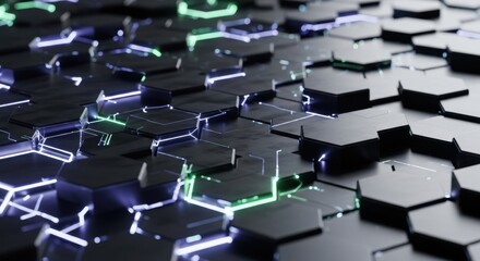 Futuristic Abstract of Hexagonal Magnetic Tiles with Glowing Circuitry and Light Effects