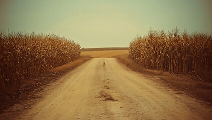 Dirt road through dry cornfield under hazy sky agriculture rural