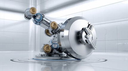 Bank vault protected by robot sentries, cyber-barriers, business security, 3D,