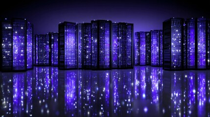 Futuristic AI data center with glowing servers, seamless reflections, copy space, corporate blue-purple,