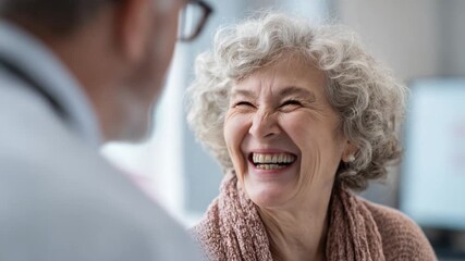 Joyful Consultation: An elderly woman, radiates happiness as she shares a moment of laughter with her doctor, set within the calming atmosphere of a clinic consultation room.