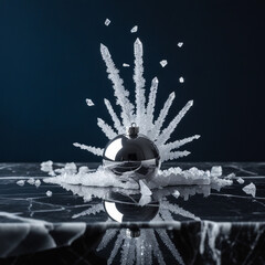 Elegant silver Christmas ornament with snow crystals on dark reflective surface