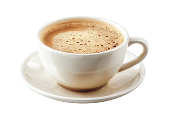 Fototapeta premium A white cup filled with frothy, warm coffee on a matching saucer