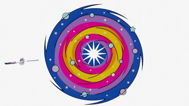 abstract vector illustration loading animation of spiral cosmic stars and satellite orbit 10 seconds seamless looping screensaver hd video 