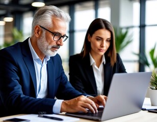 A gray-haired elderly man works on a laptop with a young female colleague. The manager shares his experience