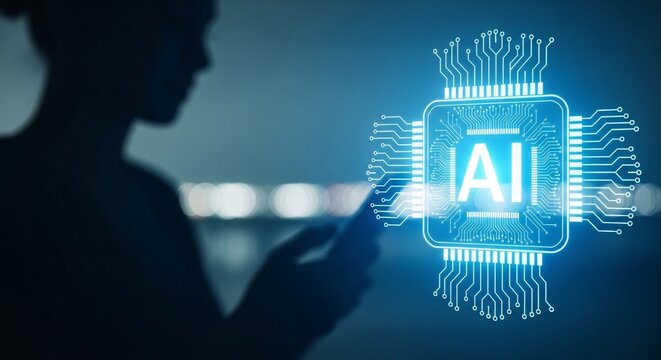 Silhouette Person Working with Glowing Artificial Intelligence Chip Symbolizing Tech, Future, Digital Transformation on Dark Blue Background - Powered by Adobe