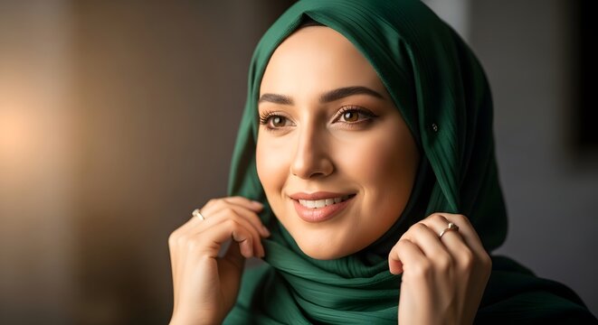 A close-up portrait of a young woman wearing a green hijab with a warm smile, set against a blurred background, showcasing cultural attire and natural beauty
