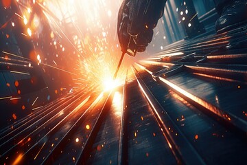 Workers welding steel beams in a factory, accompanied by sparks, motion blur, and bokeh effects, use high-speed lighting and shadows in an industrial manufacturing concept
