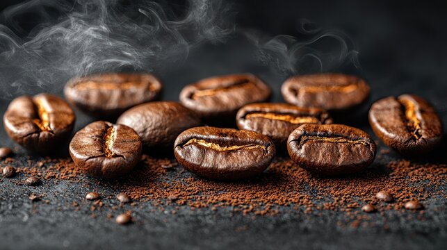 Aromatic coffee beans steaming on dark surface, ideal for coffee packaging