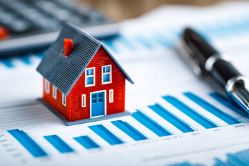 Small model house on financial chart with a pen and calculator, symbolizing real estate investment or property market analysis