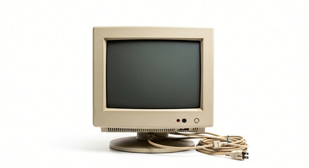 An old, vintage CRT computer monitor isolated on a white background.