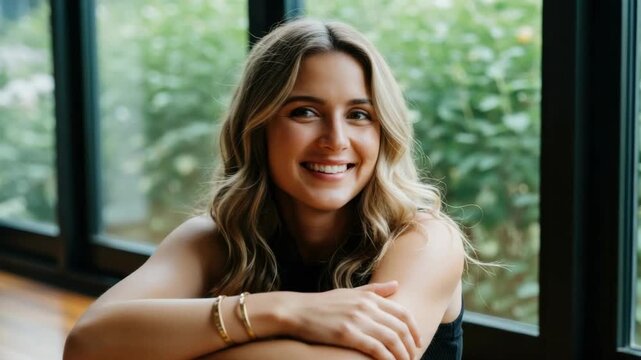 Portrait sequence of a charming adult caucasian woman with blonde hair smiling warmly. A confident and successful young female relaxing indoors with natural light from a large window