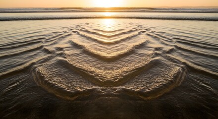 Serene beach scene at sunset with gentle waves creating ripples on the sandy shore under a warm, golden sky