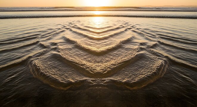 Serene beach scene at sunset with gentle waves creating ripples on the sandy shore under a warm, golden sky - Powered by Adobe