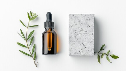 A minimalist composition featuring an amber glass dropper bottle, a concrete block, and green leaves, arranged on a clean white surface.