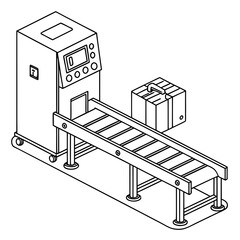 Isometric illustration of a packaging line, showcasing the automated process of conveying a box through a machine for inspection and processing isolated on