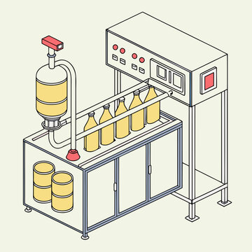 Isometric illustration of a bottling plant, showcasing the automated process of filling bottles with liquid, conveying them, and preparing them for packaging isolated on