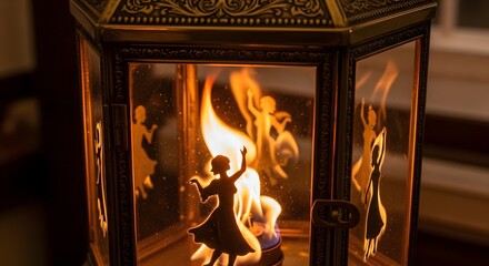 Decorative lantern with dancing fairy silhouettes and flickering flames creating a magical and enchanting ambiance for a cozy indoor setting