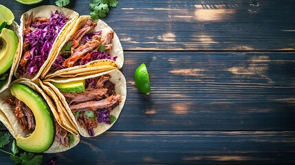 carnitas. Colorful Mexican taco ingredients arranged artistically on a rustic wooden surface. menu design, packaging mockups, designed for culinary blogs and recipe cards for restaurants.