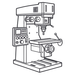 Line art illustration of a vertical milling machine, a versatile machine tool used for shaping metal and other materials, showcasing its components and design