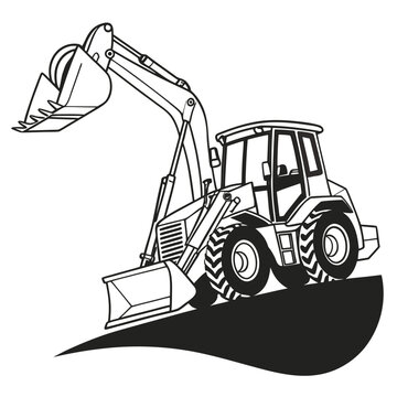 Illustration of a backhoe loader on a hill, showcasing construction equipment and its role in excavation and earthmoving, isolated on