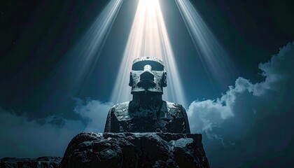 A solitary Moai statue stands on a rocky outcrop, bathed in ethereal light beams piercing through a dark, cloudy sky.