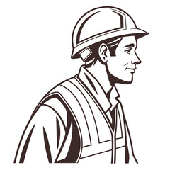 Illustration of a construction worker in a hard hat and safety vest, showcasing professionalism and safety on the job, isolated on