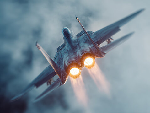 Fighter jet ascending with afterburners blazing through cloudy skies showcasing power and advanced aerodynamics in a high-speed aviation scene