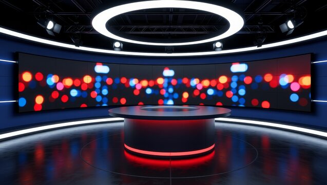 Modern news studio with curved desk and colorful screen display