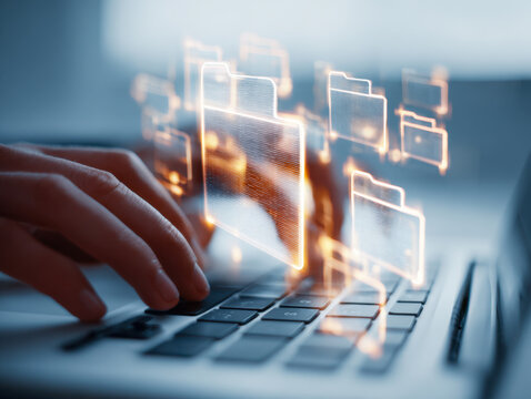 Person typing on laptop keyboard with glowing digital file folder icons floating above representing virtual data organization and cloud storage management system