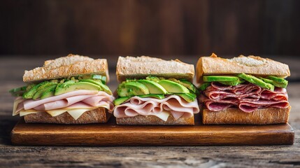 provolone. Gourmet sandwiches on a wooden board, featuring ham, turkey, and salami with fresh ingredients. menu design.
