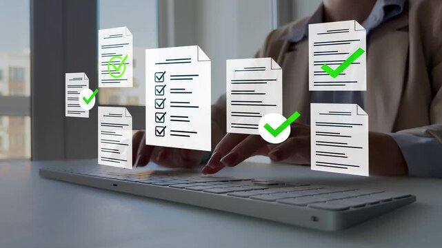 Woman doing online data checklist survey. Fast checklist,clipboard task business management.Productivity checklist and filling survey form online