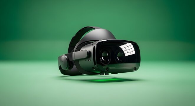 Close-up of a modern virtual reality headset placed on a green surface with a matching green background, highlighting its sleek design and technological features