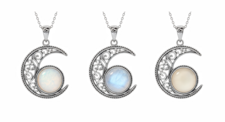 Elegant crescent moon necklaces with glowing gemstone centers displayed in polished silver designs

