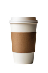 White to-go coffee cup with brown sleeve on black background