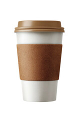 A disposable coffee cup with a brown lid and sleeve