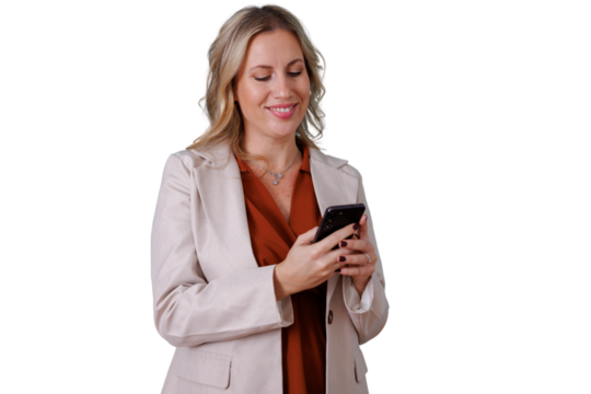 Businesswoman standing, smiling, texting on phone, managing work, communication, digital nomad, transparent background