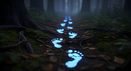 A mystical forest scene featuring glowing footprints illuminating a narrow trail through dense trees and lush greenery under a foggy atmosphere