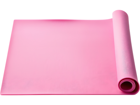 Pink yoga mat rolled up isolated on transparent background, perfect for fitness, sport, and wellness visuals.
