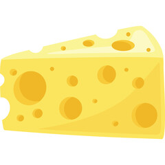 A slice of yellow Swiss cheese with large and small holes on a transparent background