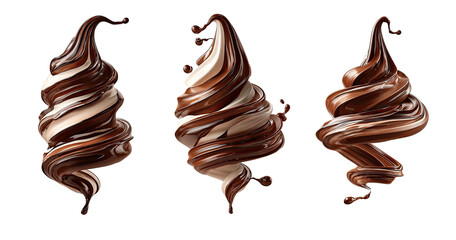 Three swirled soft serve desserts with chocolate and cream