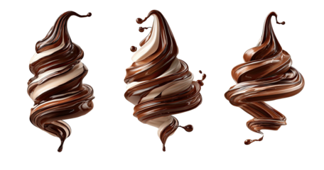 Three swirled soft serve desserts with chocolate and cream