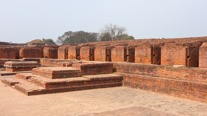 Fototapeta premium India, Bihar, Rajgir, View of Ancient Ruins of Worlds Oldest Nalanda University, The Red Brick Monuments With Ruin Buddha Vihara's Around Campus.