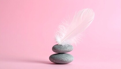 Zen stones and feather on pink background for relaxation.