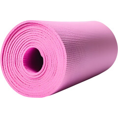 Rolled pink yoga mat with black strap isolated on transparent background, perfect for fitness and lifestyle designs.