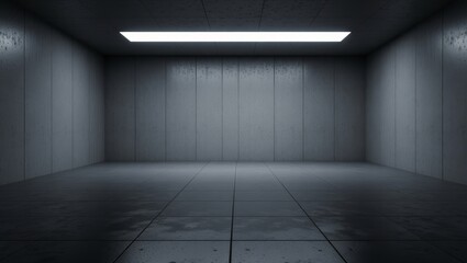 Empty concrete room with fluorescent lighting and water stains