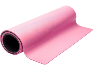 Rolled pink yoga mat isolated on transparent background, ideal for sport, wellness, and fitness visuals.