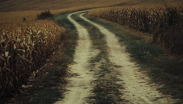 Winding dirt road through dry cornfield under overcast sky agriculture - Powered by Adobe