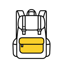 A minimalist illustration of a white backpack with a yellow front pocket and straps.
